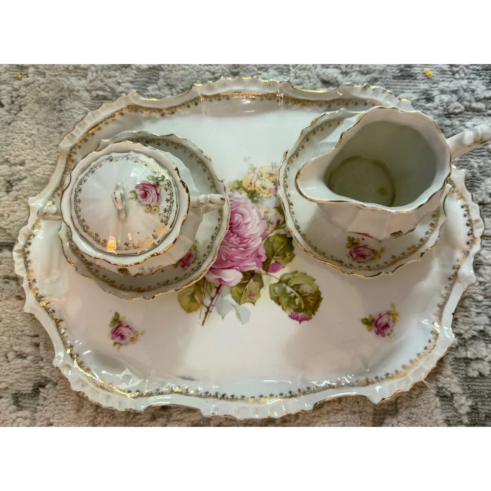 Vintage Porcelain Rose Tea Set Gold Gilded Tray Sugar Bowl Creamer 6 Piece
